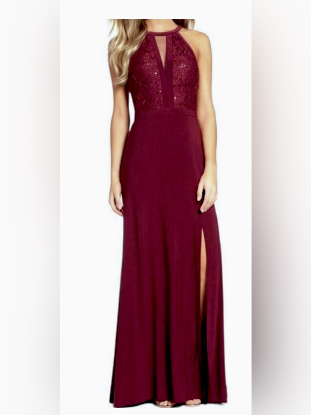 Night Way Collections Halter Lace Maxi Evening Gown Prom Formal Burgundy Size 8